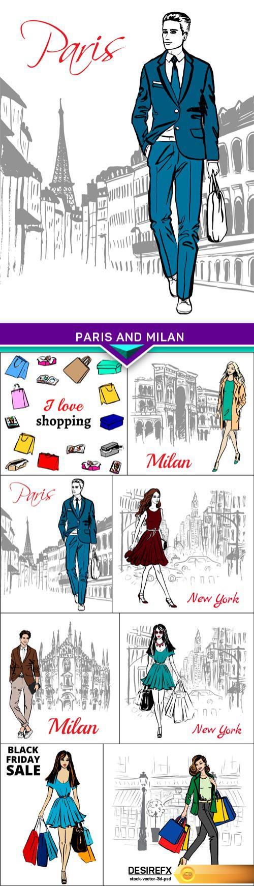 Fashion illustration street of Paris and Milan 8X EPS