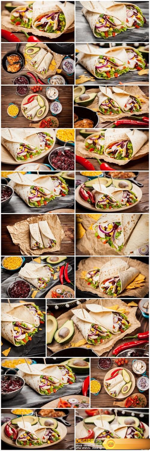 Tortilla with a mix of ingredients - Mexican food, 20xUHQ JPEG Photo Stock