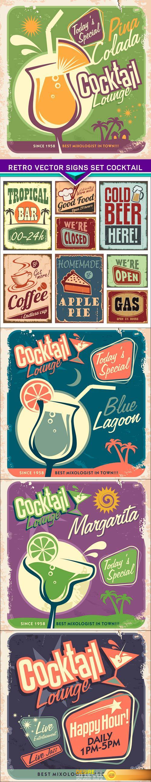 Retro vector signs set cocktail 5x EPS