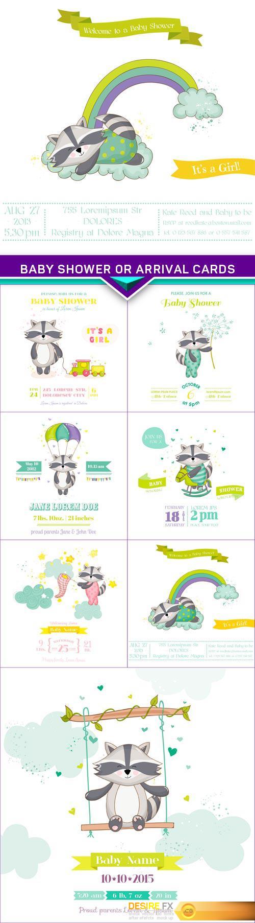 Baby Shower or Arrival Cards, Raccoon vector 7x EPS