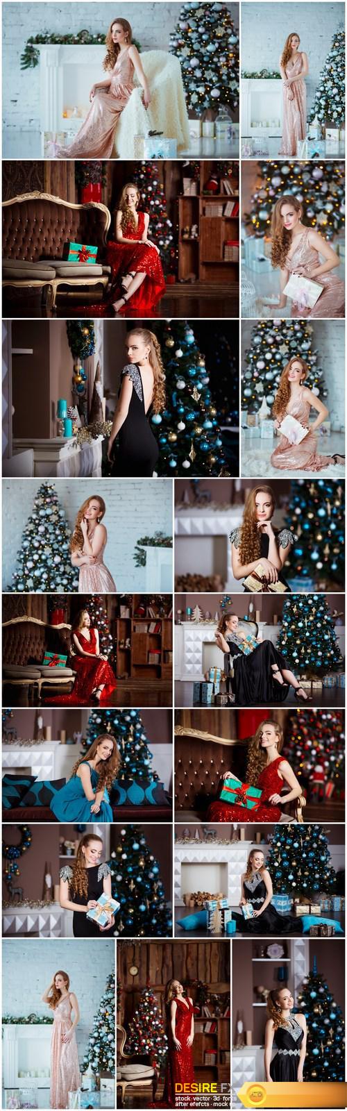 Young woman in elegant dress over christmas interior background 2 - 17xUHQ JPEG