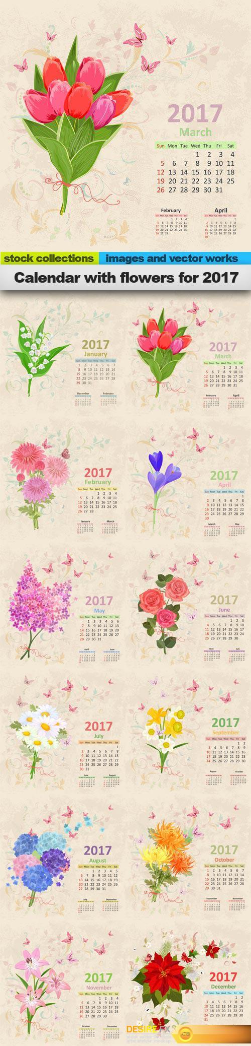Calendar with flowers for 2017, 12 x EPS