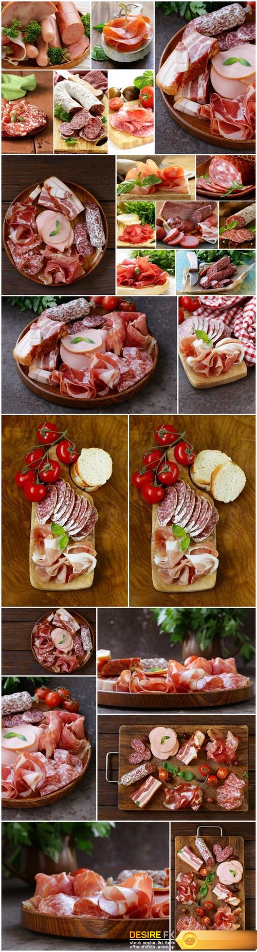 Assorted deli meats - ham, sausage, salami, parma, prosciutto, bacon - 14xUHQ JPEG Photo Stock
