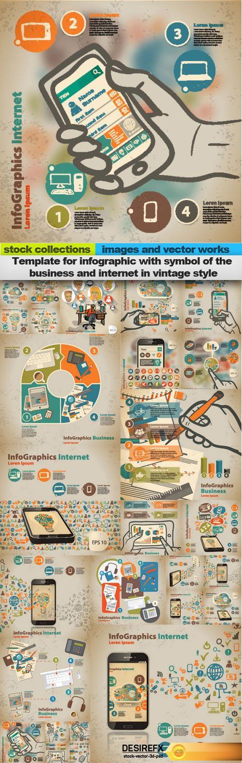Template for infographic with symbol of the business and internet in vintage style, 15 x EPS