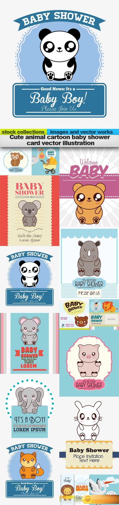 Cute animal cartoon baby shower card vector illustration, 15 x EPS