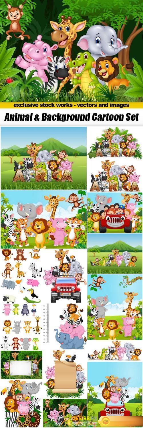 Animal & Background Cartoon Set - 17xEPS