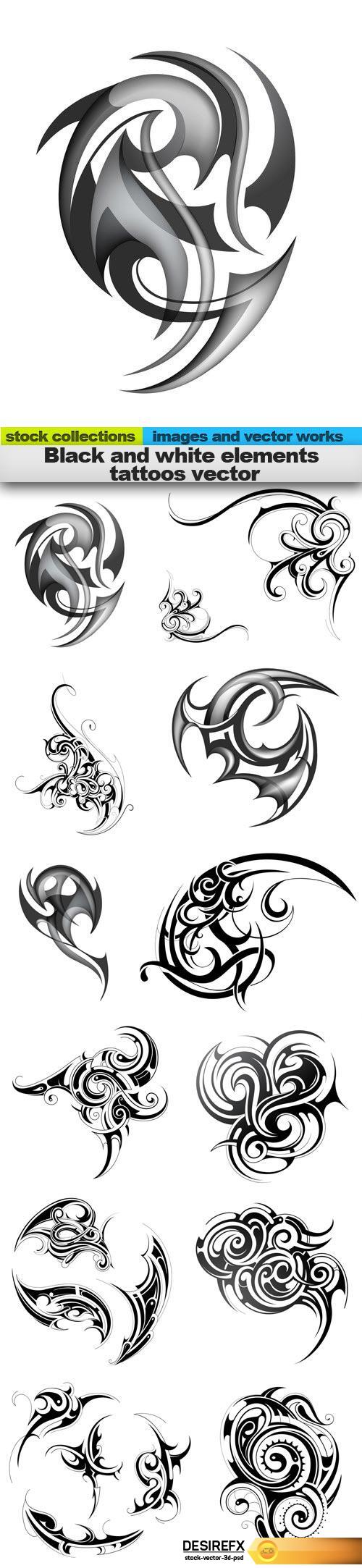 Black and white elements tattoos vector, 15 x EPS