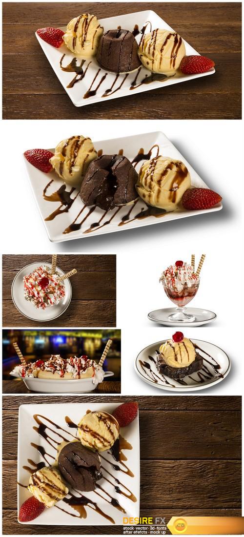 Cake dessert with ice cream and strawberries on a wooden background 7X JPEG