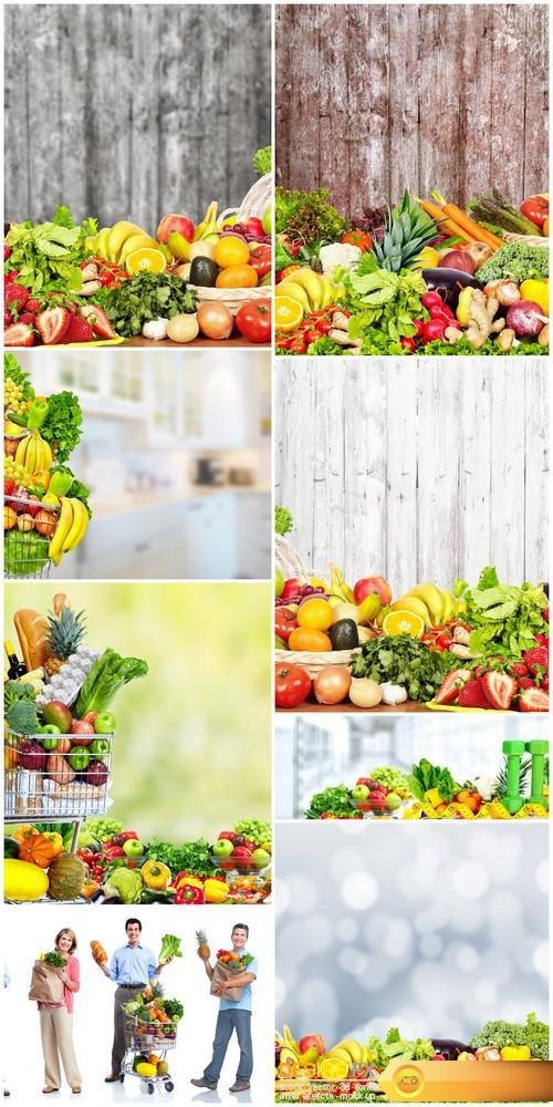 Vegetables and fruits over dark wall background 8X JPEG