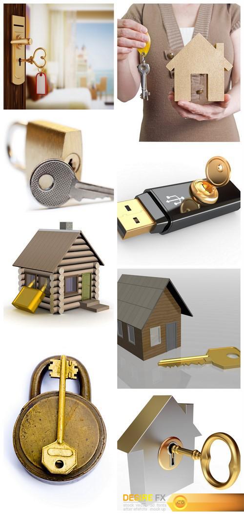 Keys house safety concept 3D image 8X JPEG