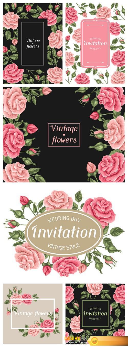 Invitation card with vintage roses 6X EPS