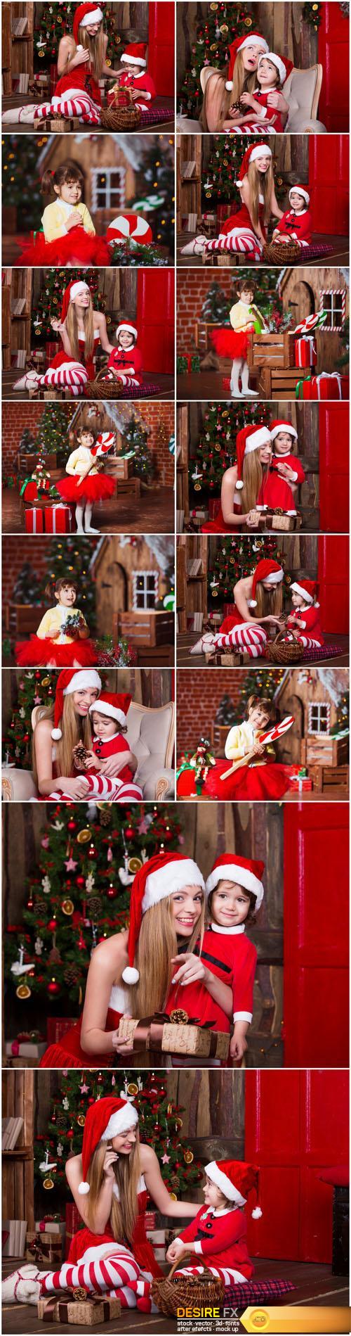 Cute girls sitting with presents near Christmas tree in Santa costumes - 14xUHQ JPEG
