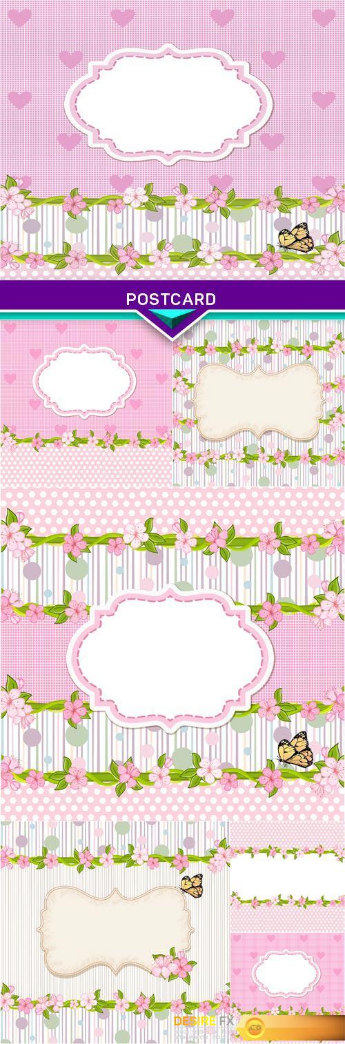 Postcard, pink background with flowers 6x EPS