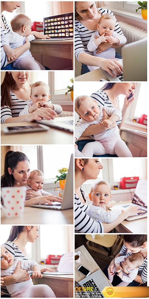 Young mom working home with child - 8UHQJPEG