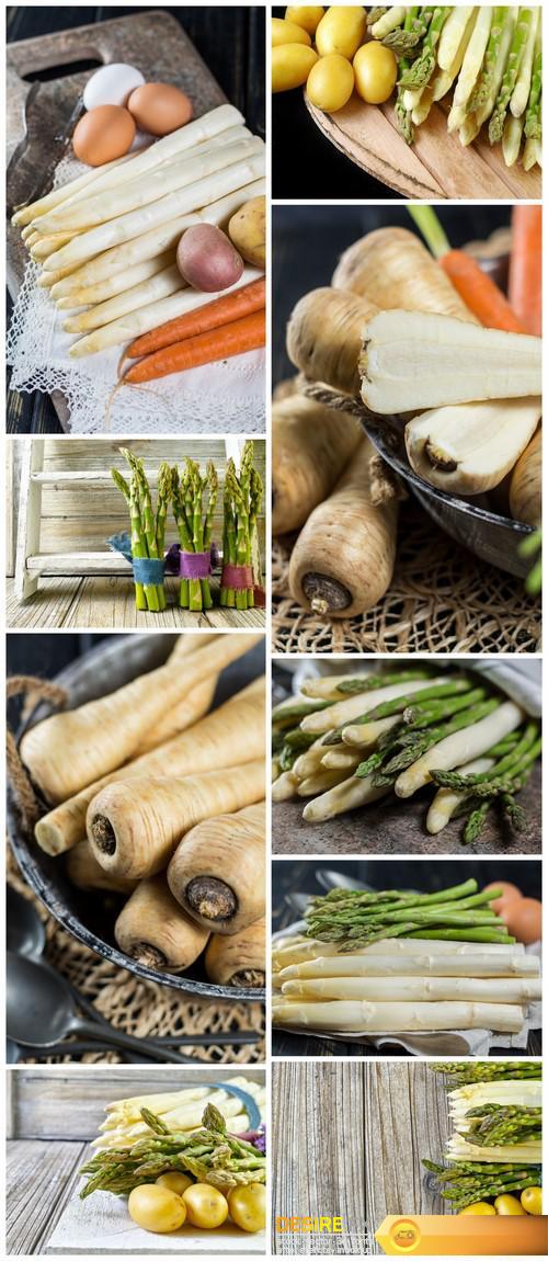 Organic fresh potatoes and asparagus, parsnip roots 9X JPEG
