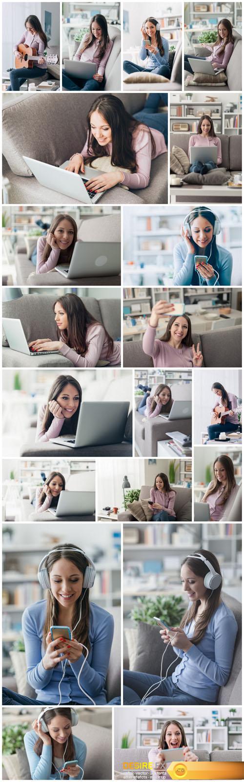 Beautiful young girl works with the smartphone and a laptop 2 - 20xUHQ JPEG Photo Stock
