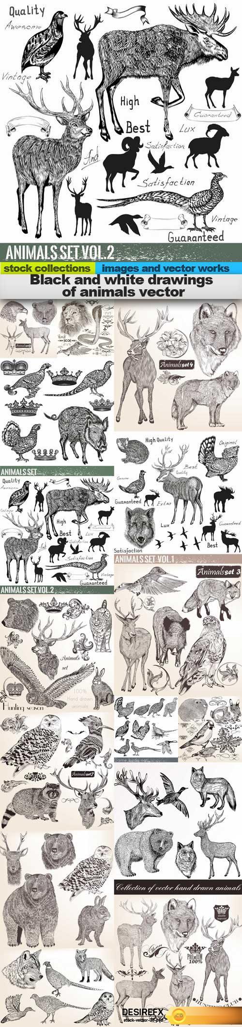 Black and white drawings of animals vector, 15 x EPS
