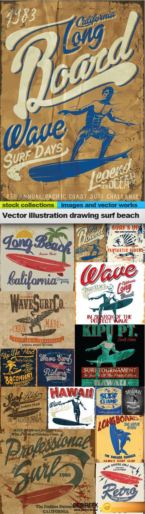 Vector illustration drawing surf beach, 15 x EPS
