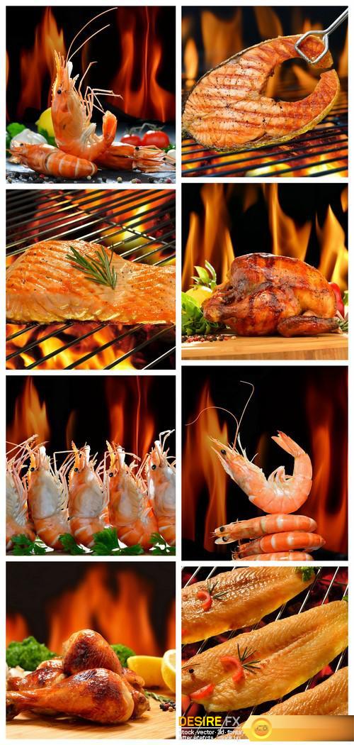 Fish and prawns with seasonings on flame background 8X JPEG