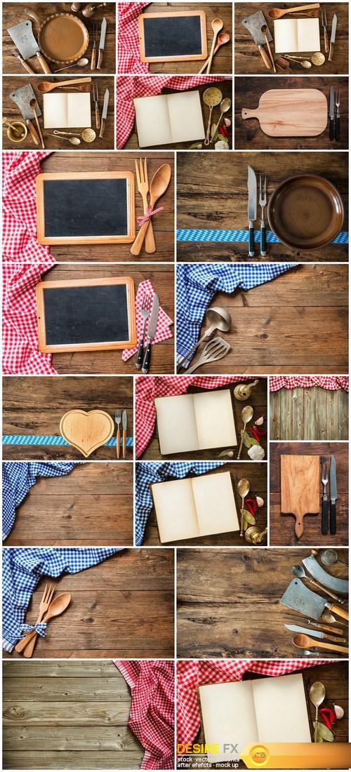 Vintage kitchen utensils on a wooden table - 20xUHQ JPEG Photo Stock
