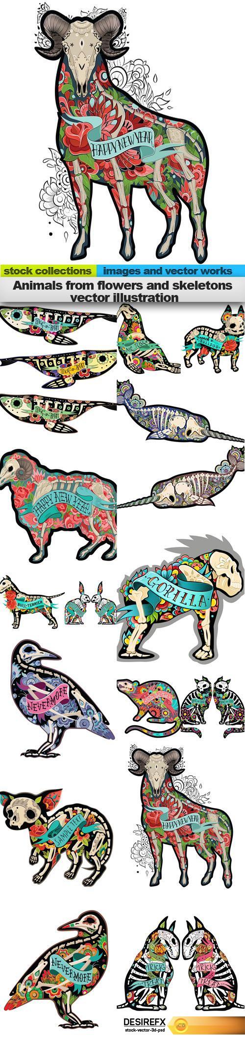 Animals from flowers and skeletons vector illustration, 15 x EPS