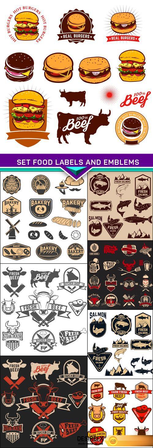 Set food labels and emblems on grunge background 8X EPS