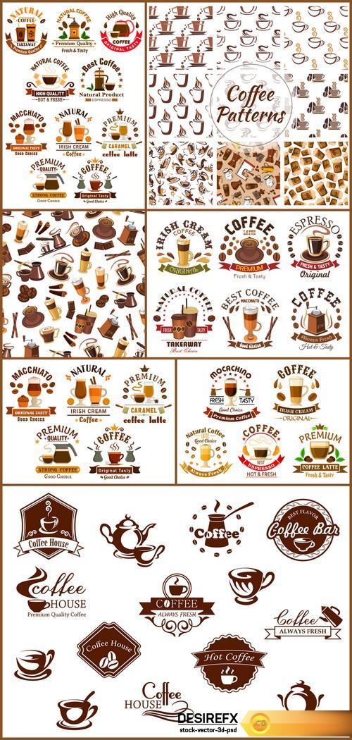 Coffee seamless patterns and set icons 7X EPS