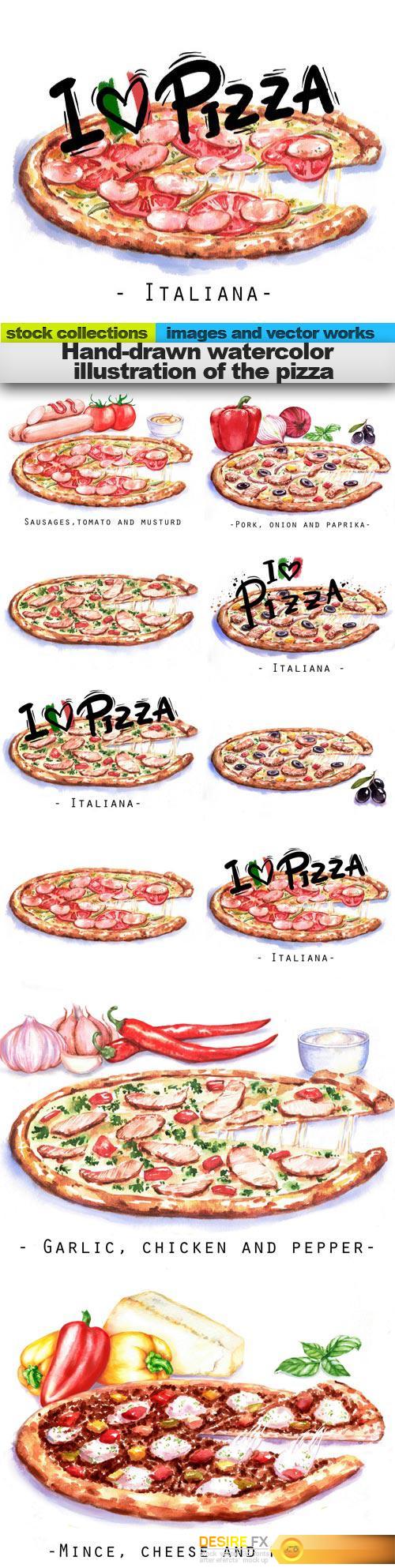 Hand-drawn watercolor  illustration of the pizza, 10 x UHQ JPEG