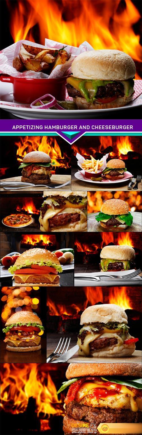 Appetizing hamburger and cheeseburger on a background of fire 10X JPEG