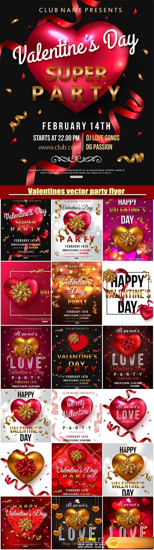 Valentines vector party flyer design with red heart bow ribbon