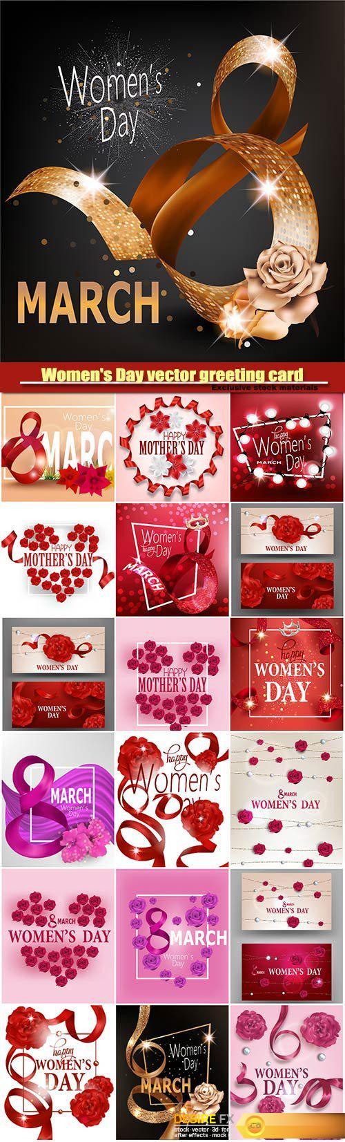 Women's Day vector greeting card with curly red ribbons and red flowers