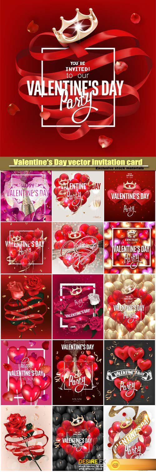 Valentine's Day vector invitation card, vip cards with with red hearts and crown