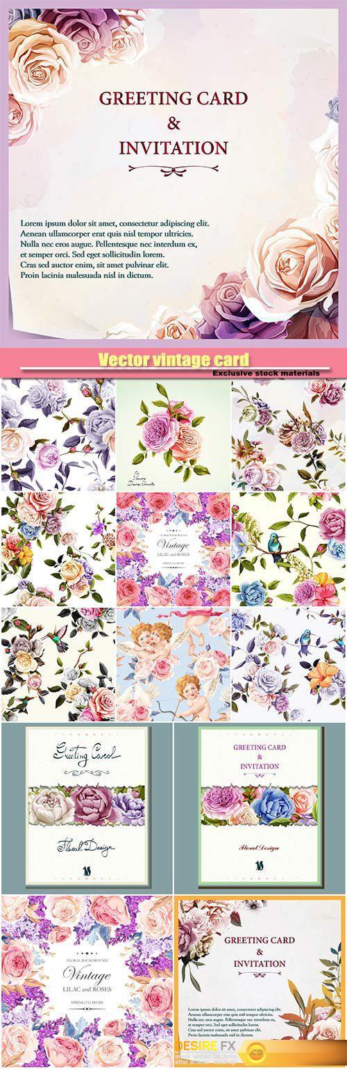 Vector vintage card with pastel lilac and roses