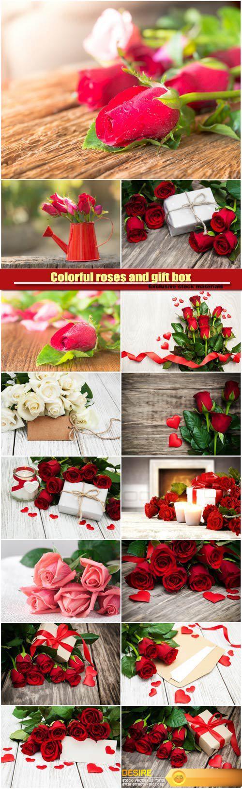 Colorful roses and gift box