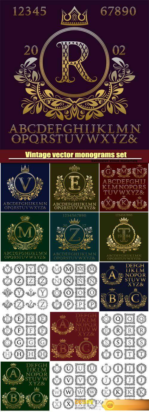 Vintage vector monograms set of  letter, golden logos and frames