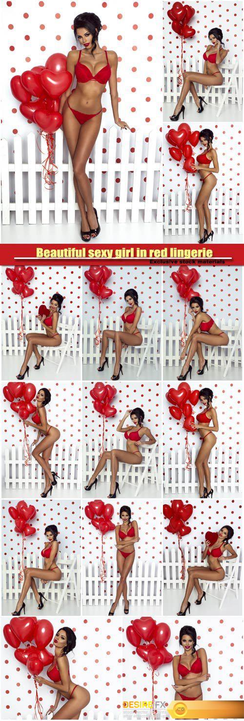 Beautiful sexy girl in red lingerie posing with balloons, Valentine's day