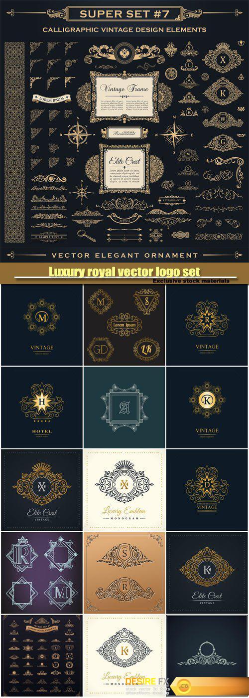 Luxury royal vector logo set, emblem, heraldic monogram, calligraphic floral sign, gold letters in frames