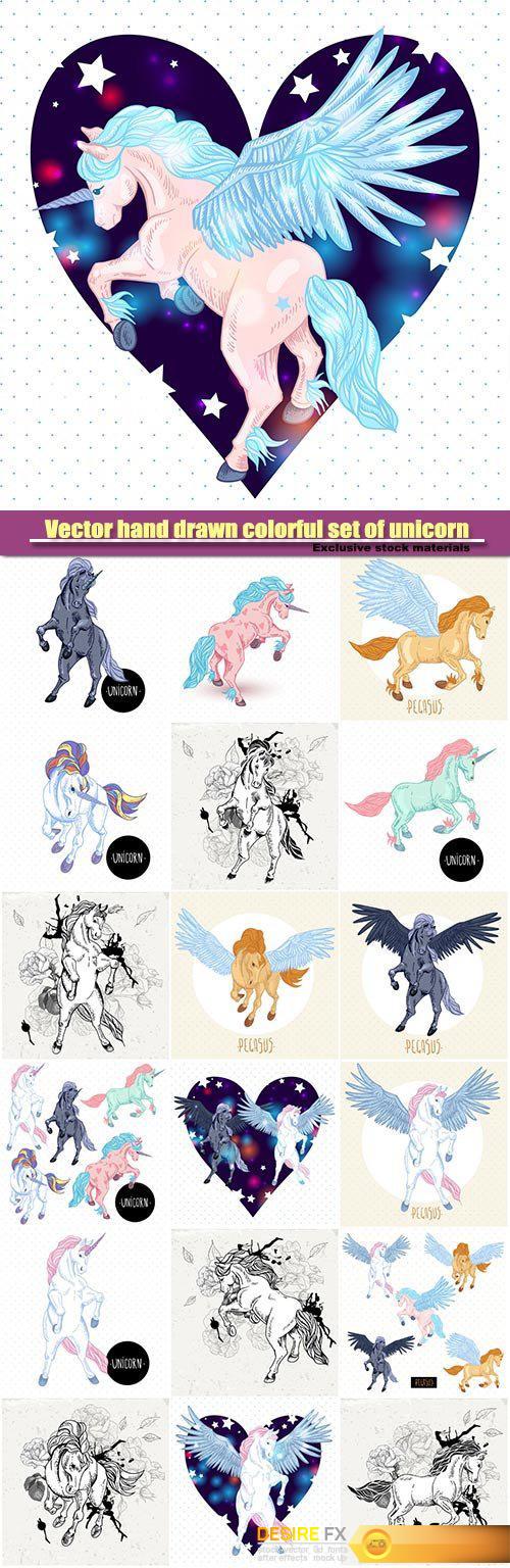 Vector hand drawn colorful set of unicorn