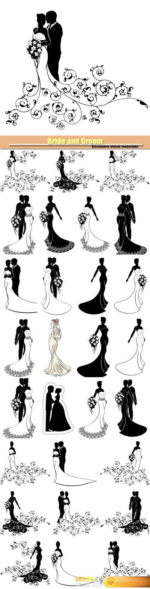 Bride and Groom, wedding silhouette vector set