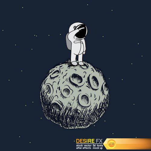 Cartoon astronaut on the moon and planets space 15X EPS