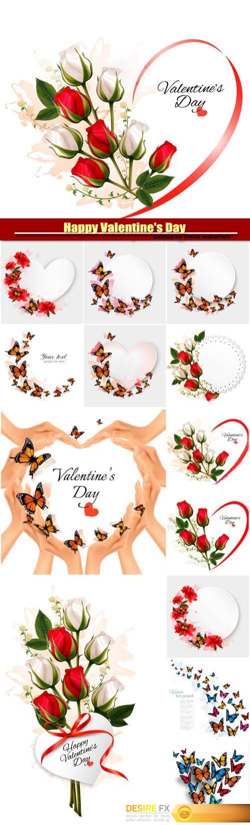 Happy Valentine's Day vector hearts with butterflies and flowers