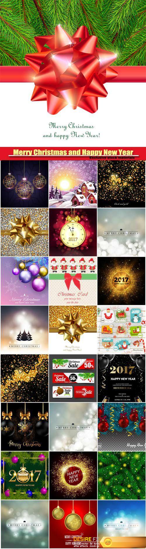 Merry Christmas and Happy New Year vector, festive background for greeting card, shiny decorative sign
