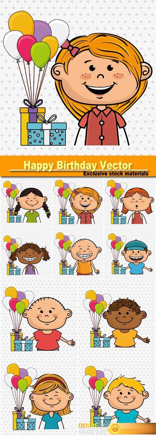 Happy Birthday, girl and boy balloons gifts party vector illustration graphic