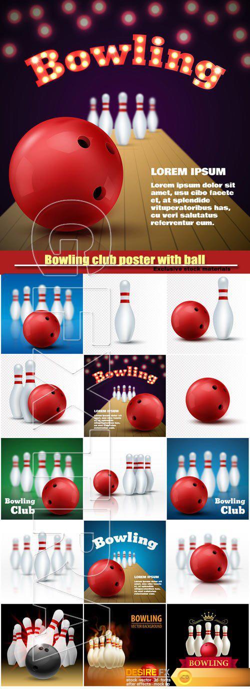 Bowling club poster with ball and skittles, vector sport background