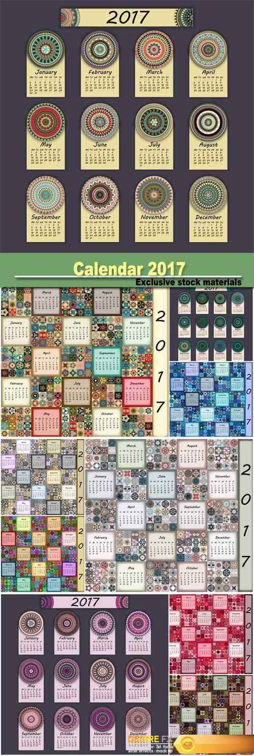 Calendar 2017, vintage decorative colorful elements, ornamental patchwork oriental pattern, vector illustration