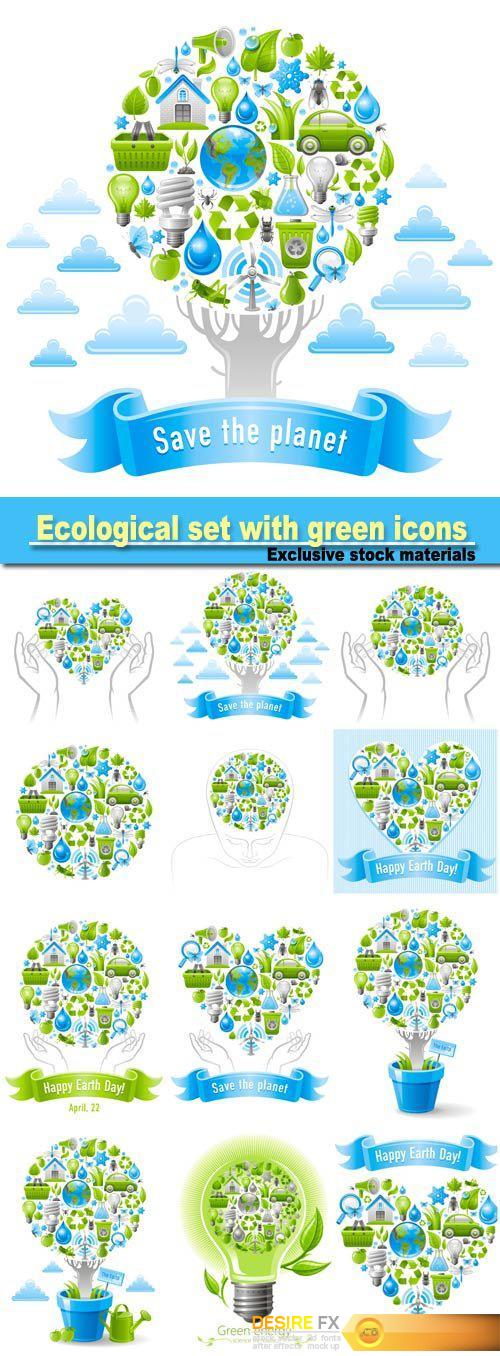 Ecological set with green icons on white background for environment protection concept
