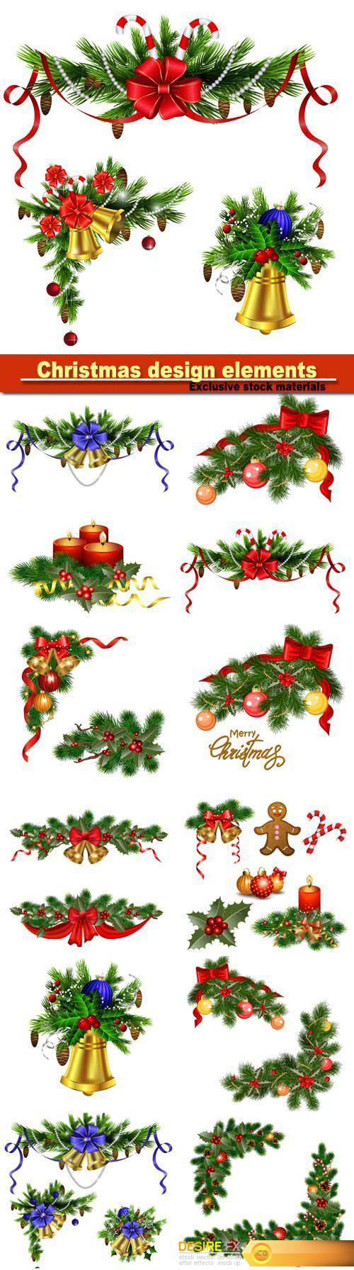 Christmas design elements, background with fir tree, holly and decorative elements