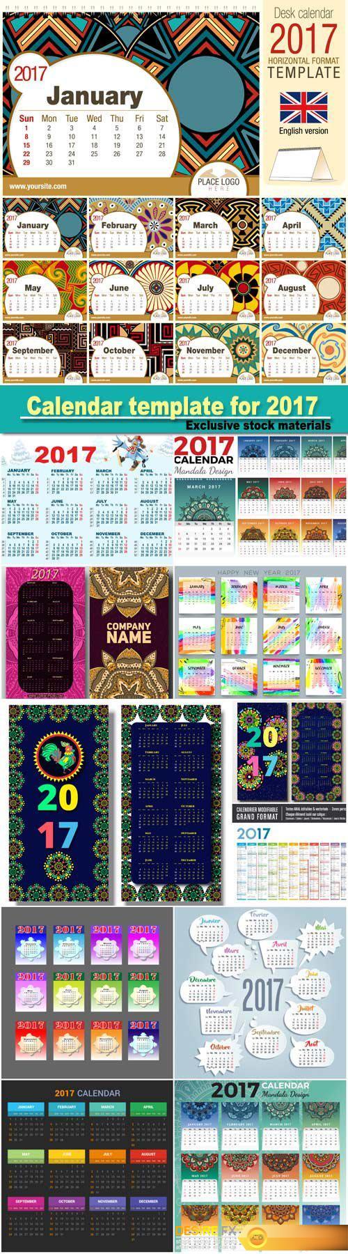 Calendar template for 2017, colorful hand drawn doodles