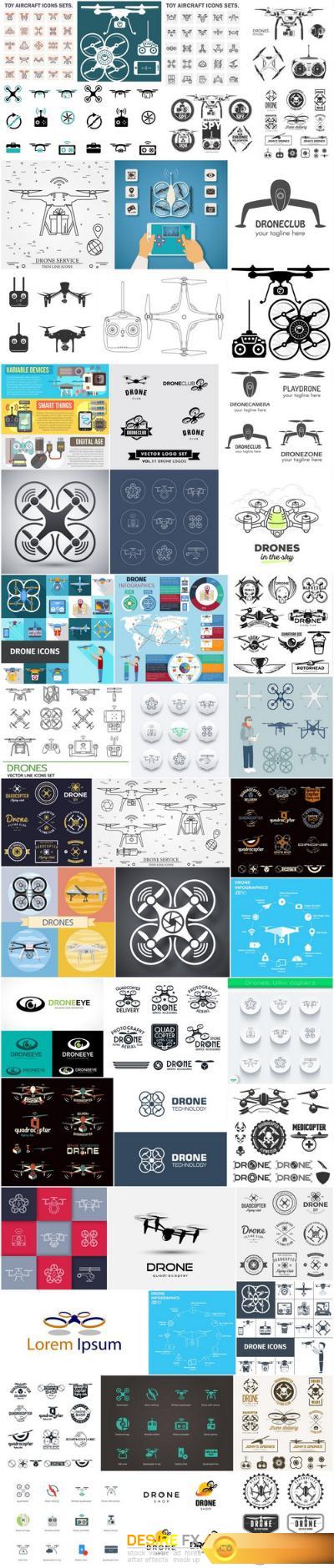 Drone and Quadcopters - Set of 50xEPS Professional Vector Stock