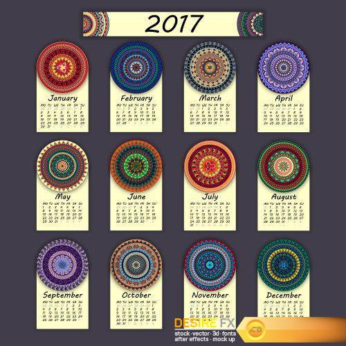 Calendar 2017, vintage decorative colorful elements, ornamental floral oriental pattern